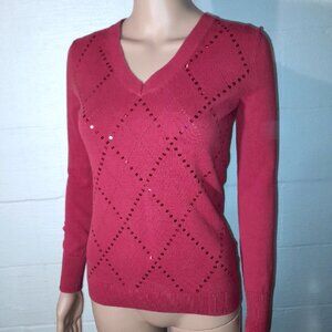 Tommy Hilfiger Women's XS Red Sparkle Sequin Argyle Vneck Sweater Holiday Y2K
